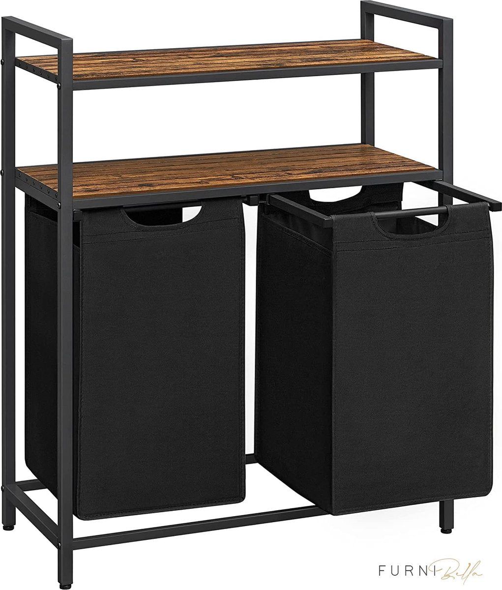 Furnstar Wasmand 92L – 2 Compartimenten – Met 2 Planken – Uitschuifbare Waszakken – Stevig Metalen Frame – Vintage Bruin/Zwart