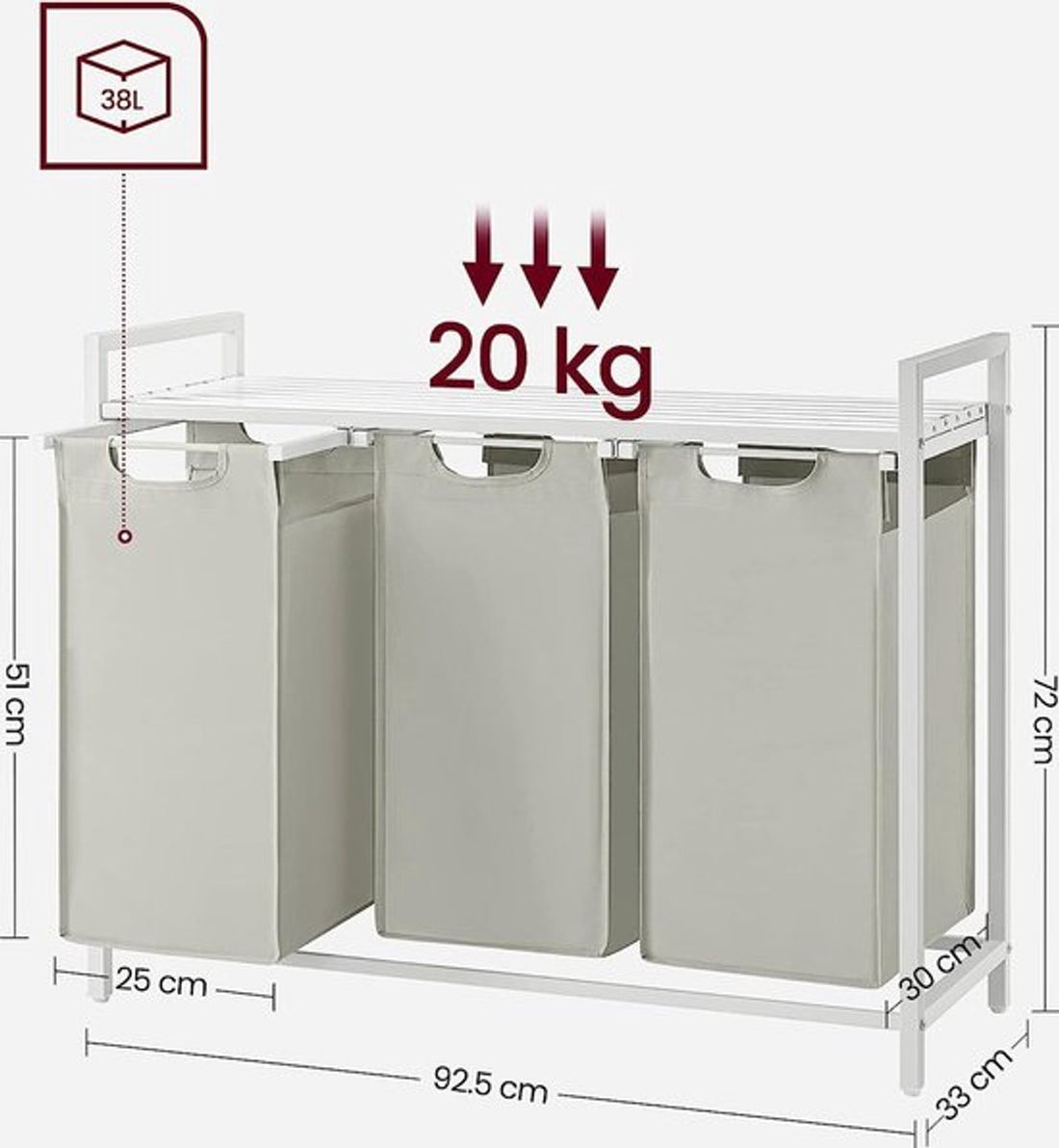 FurnStar Wasmand - Wassorteerder - 3 vakken - Wasmanden - Wassorteerder 3 vaken - 3x 38 L - 114L - Metalen Frame - Stijlvol en Duurzaam- Wit