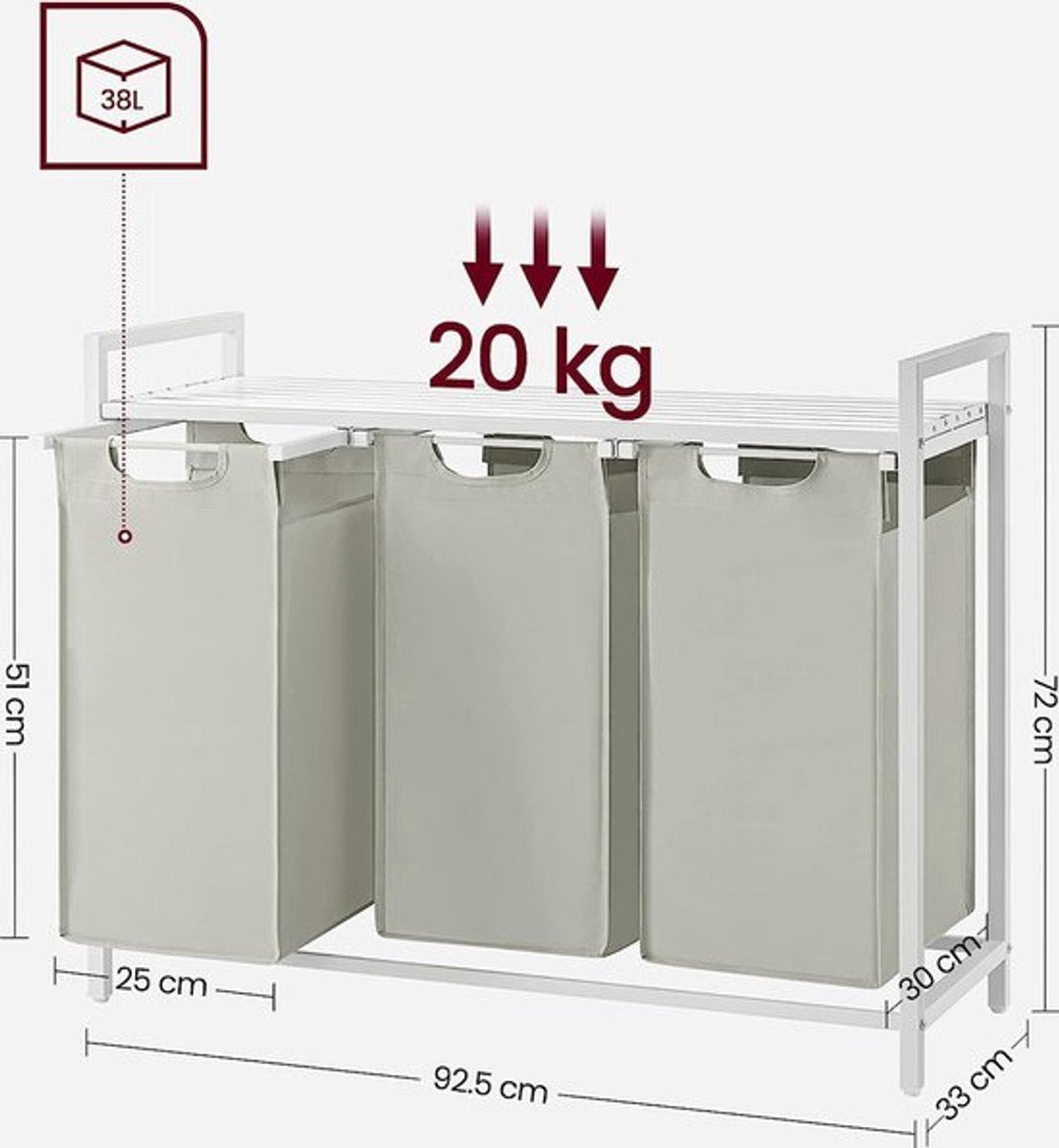 FurnStar Wasmand - Wassorteerder - 3 vakken - Wasmanden - Wassorteerder 3 vaken - 3x 38 L - 114L - Metalen Frame - Stijlvol en Duurzaam- Wit