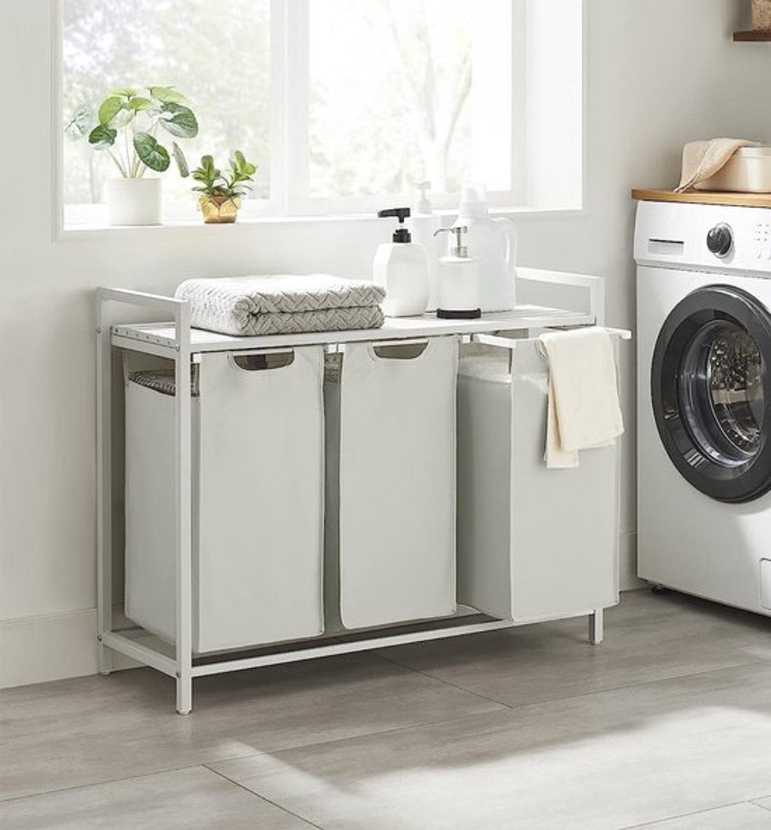 FurnStar Wasmand - Wassorteerder - 3 vakken - Wasmanden - Wassorteerder 3 vaken - 3x 38 L - 114L - Metalen Frame - Stijlvol en Duurzaam- Wit