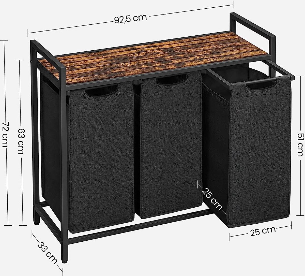 Furnstar Wasmand met 3 Vakken en Plank – Wassorteerder met Uitneembare Waszakken – Wasrek met Metalen Frame – Rustiek Bruin/Zwart