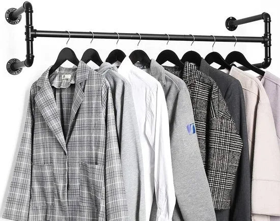 2 Kleding Stangen, Set van 2 Ophang Rails, Kledingrek in Industriële Stijl voor Wandmontage, Hangende Buizen, Waterleiding Design, 110cm Lang, Zwart