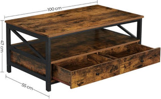 FurnStar Salontafel met 2 Laden en Opbergvak – 100 x 55 x 45 cm – Industrieel Design – Rustiek Bruin/Zwart