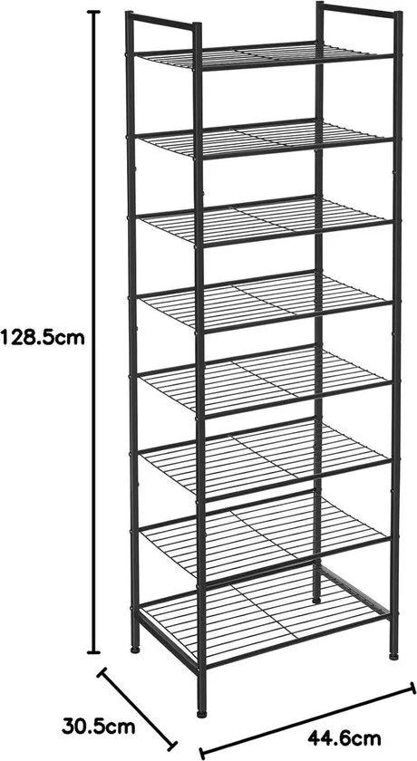 8-laags slank schoenenrek - opbergorganizer standaard - 16-24 paar schoenen - ruimtebesparend met grote capaciteit - verticale metalen plank - 44,6 x 30,5 x 128,5 cm - zwart