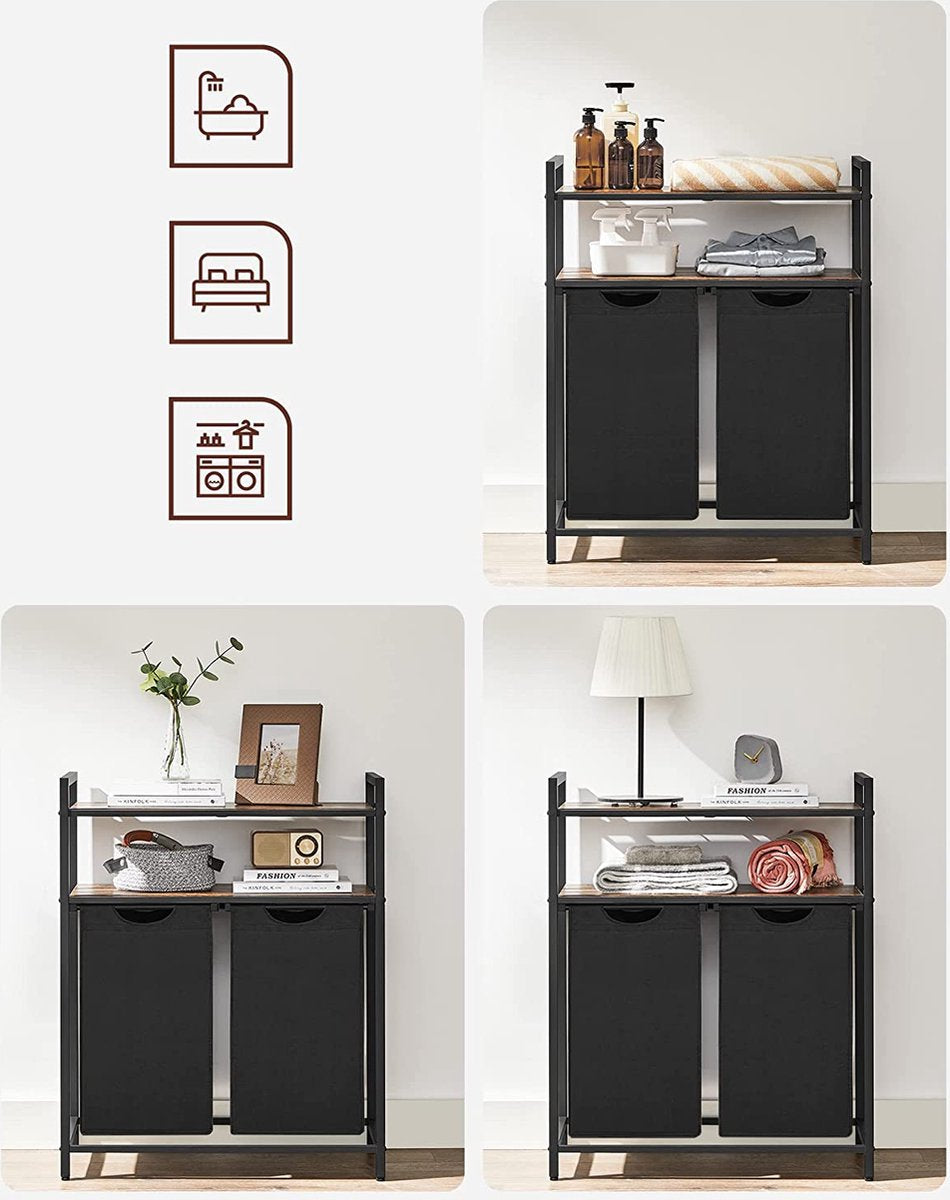 Furnstar Wasmand 92L – 2 Compartimenten – Met 2 Planken – Uitschuifbare Waszakken – Stevig Metalen Frame – Vintage Bruin/Zwart
