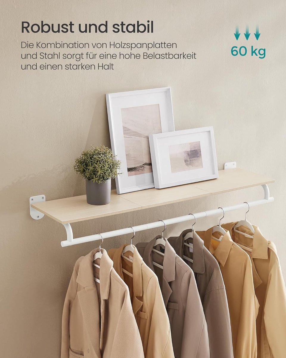 Furnstar Wandgarderobe - Wandrek met Kledingstang - Totale Belastbaarheid 60 kg - Natuurlijk beige + wolkenwit - 28 x 109 x 13,2 cm - Voor Slaapkamer, Kleedkamer of Entree