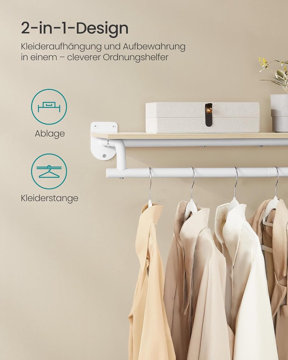 Furnstar Wandgarderobe - Wandrek met Kledingstang - Totale Belastbaarheid 60 kg - Natuurlijk beige + wolkenwit - 28 x 109 x 13,2 cm - Voor Slaapkamer, Kleedkamer of Entree