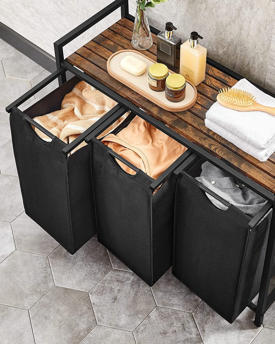 Furnstar Wasmand met 3 Vakken en Plank – Wassorteerder met Uitneembare Waszakken – Wasrek met Metalen Frame – Rustiek Bruin/Zwart
