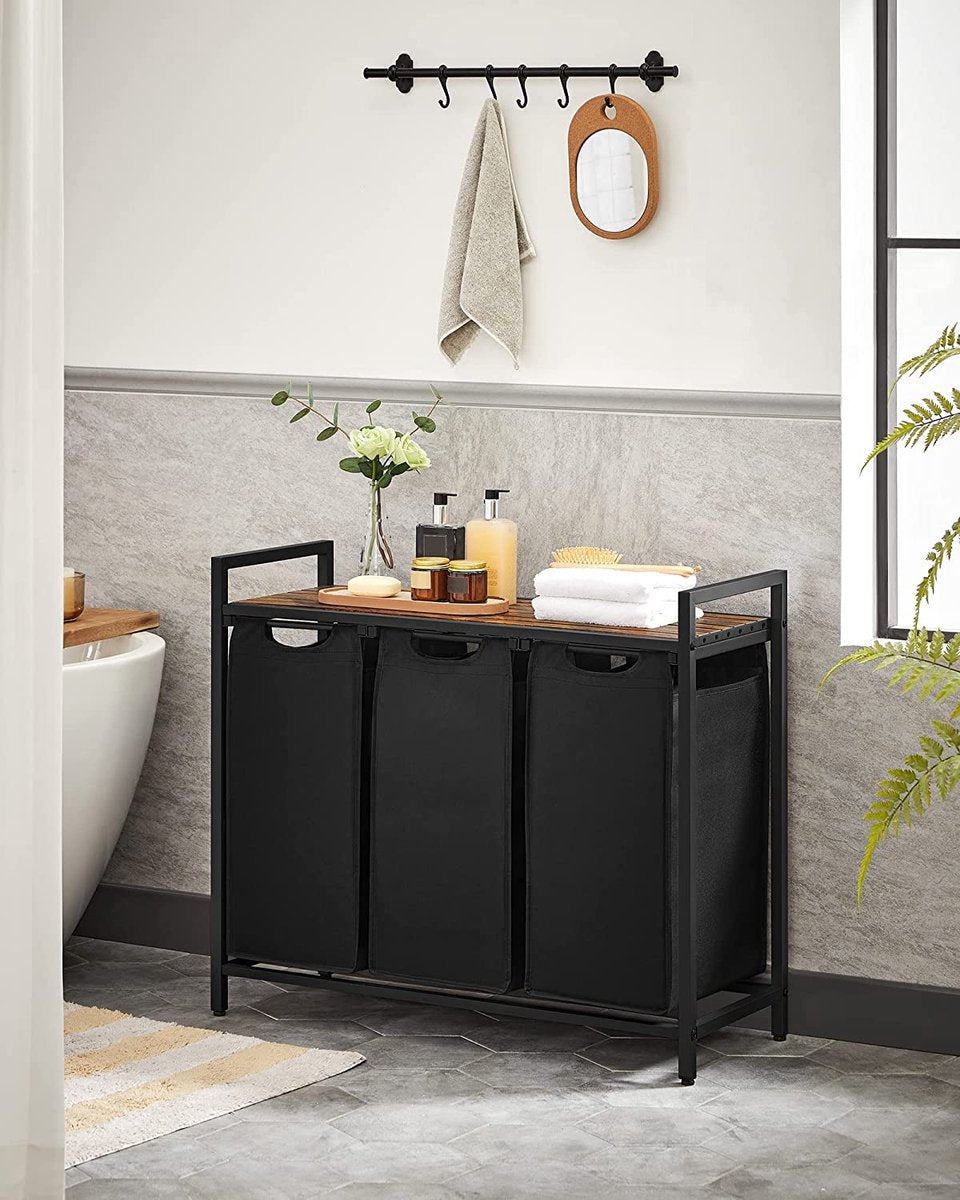 Furnstar Wasmand met 3 Vakken en Plank – Wassorteerder met Uitneembare Waszakken – Wasrek met Metalen Frame – Rustiek Bruin/Zwart