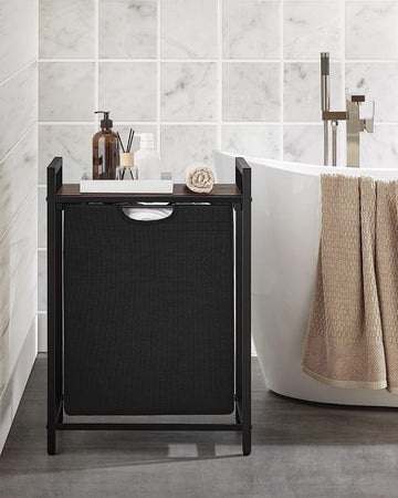 FurnStar - Wasmand - Was emmer Met Plank - Wasbox - Waszak Van Oxford Stof - Uitschuifbaar Verwijderbaar - Metalen Frame - 65 L - 50 x 33 x 72 cm - Vintage Bruin-Zwart