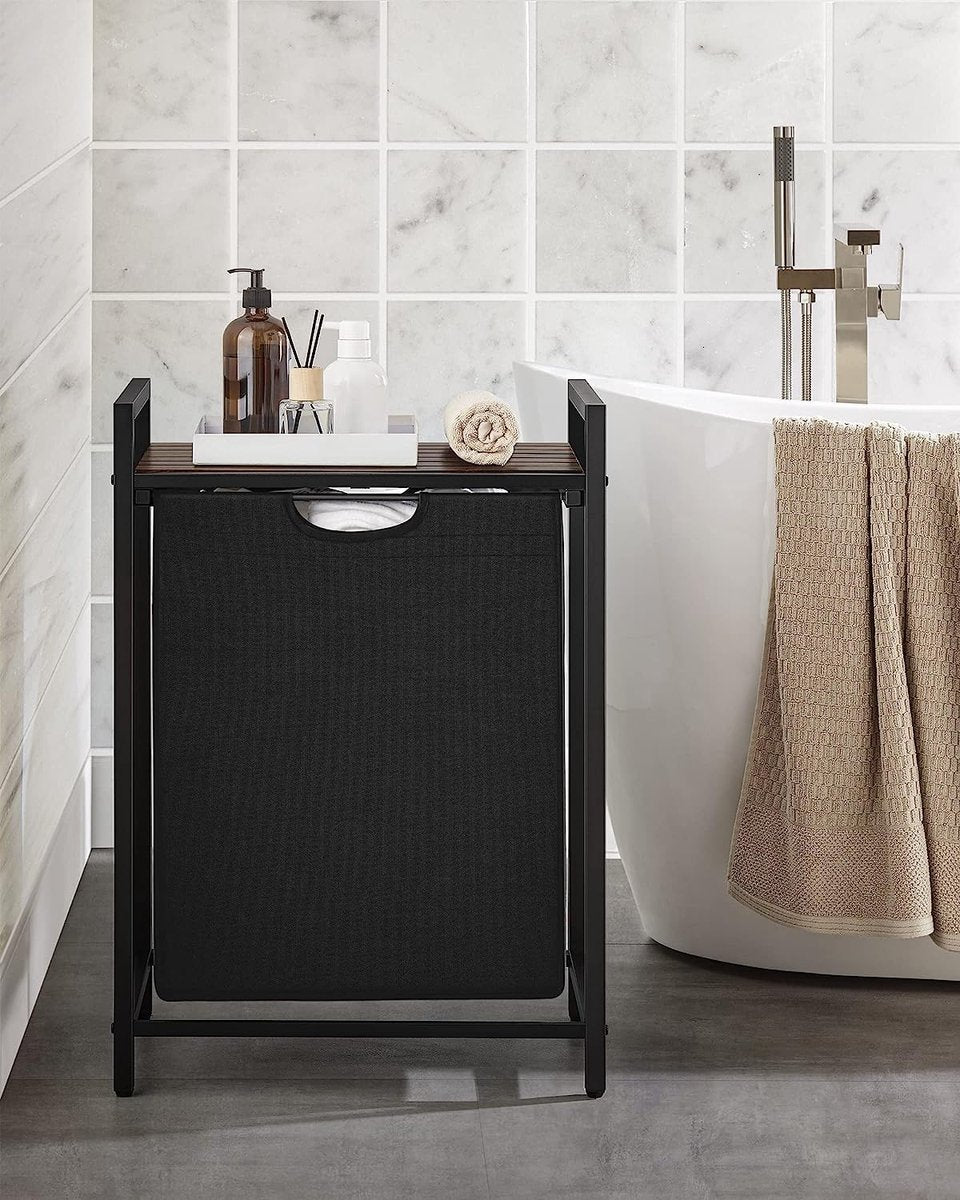 FurnStar - Wasmand - Was emmer Met Plank - Wasbox - Waszak Van Oxford Stof - Uitschuifbaar Verwijderbaar - Metalen Frame - 65 L - 50 x 33 x 72 cm - Vintage Bruin-Zwart