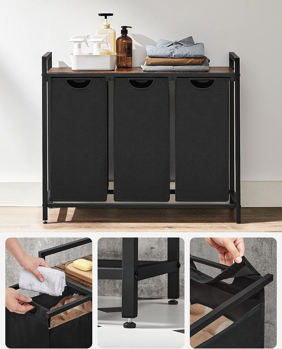 Furnstar Wasmand met 3 Vakken en Plank – Wassorteerder met Uitneembare Waszakken – Wasrek met Metalen Frame – Rustiek Bruin/Zwart