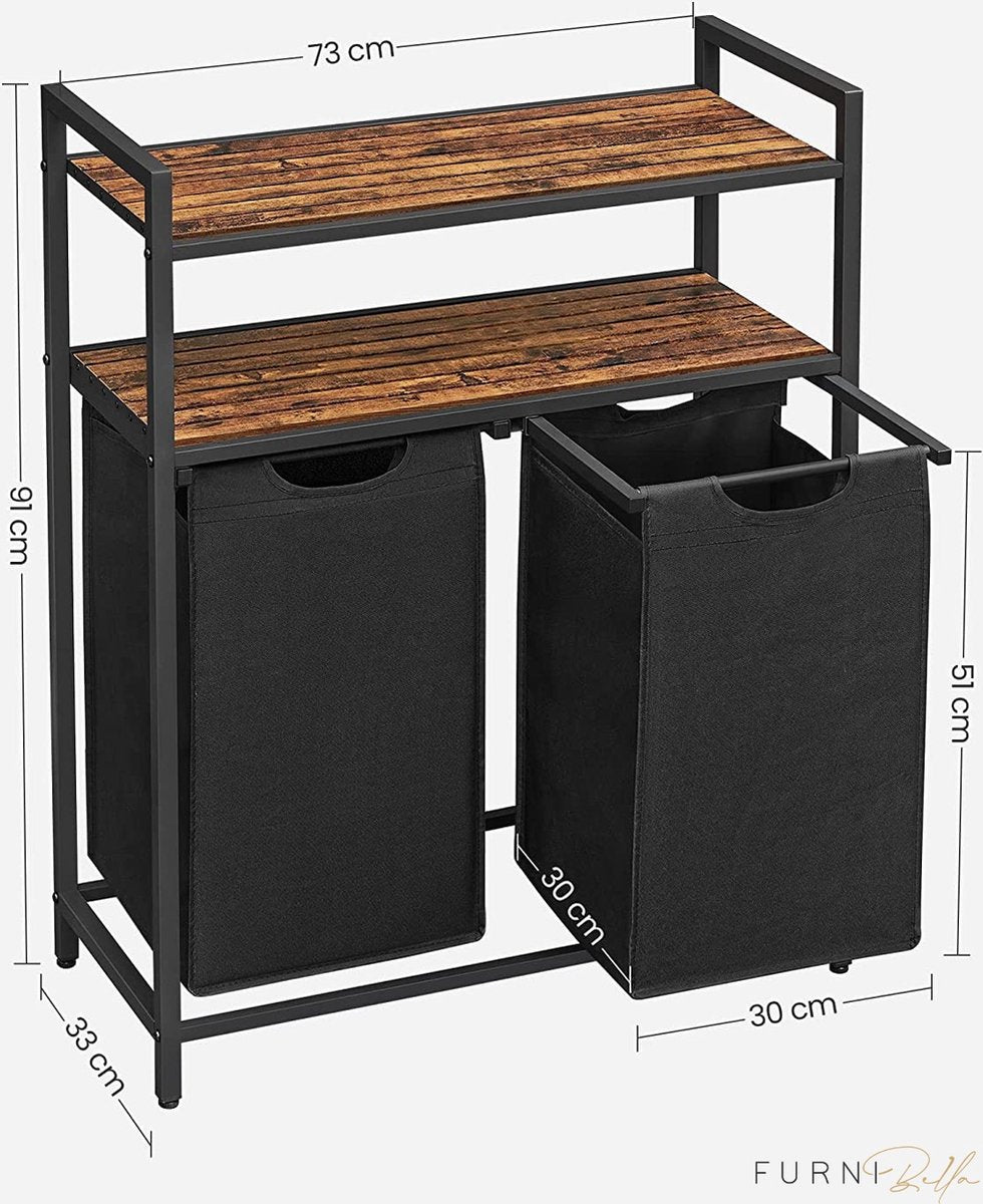 Furnstar Wasmand 92L – 2 Compartimenten – Met 2 Planken – Uitschuifbare Waszakken – Stevig Metalen Frame – Vintage Bruin/Zwart