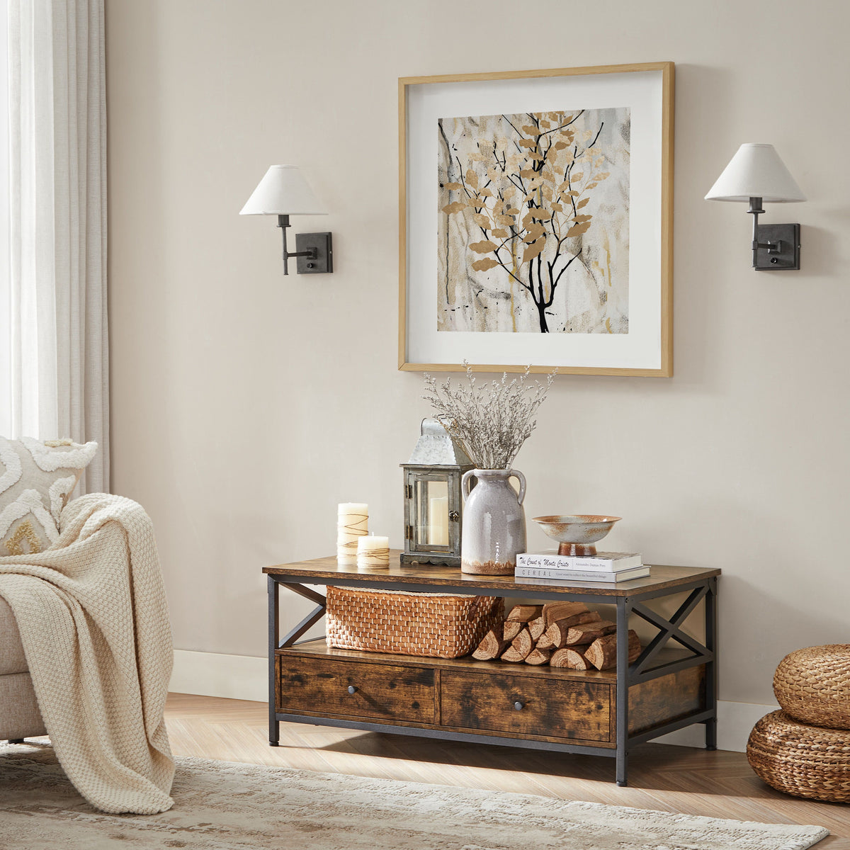 FurnStar Salontafel met 2 Laden en Opbergvak – 100 x 55 x 45 cm – Industrieel Design – Rustiek Bruin/Zwart