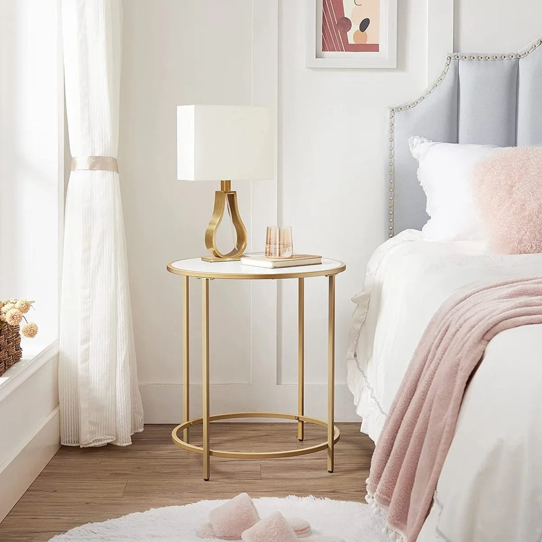 A.T. Shop Ronde Salontafel Nachtkastje met houten spaanplaat en goud metalen frame Eenvoudige montage voor slaapkamer woonkamer modern wit goud