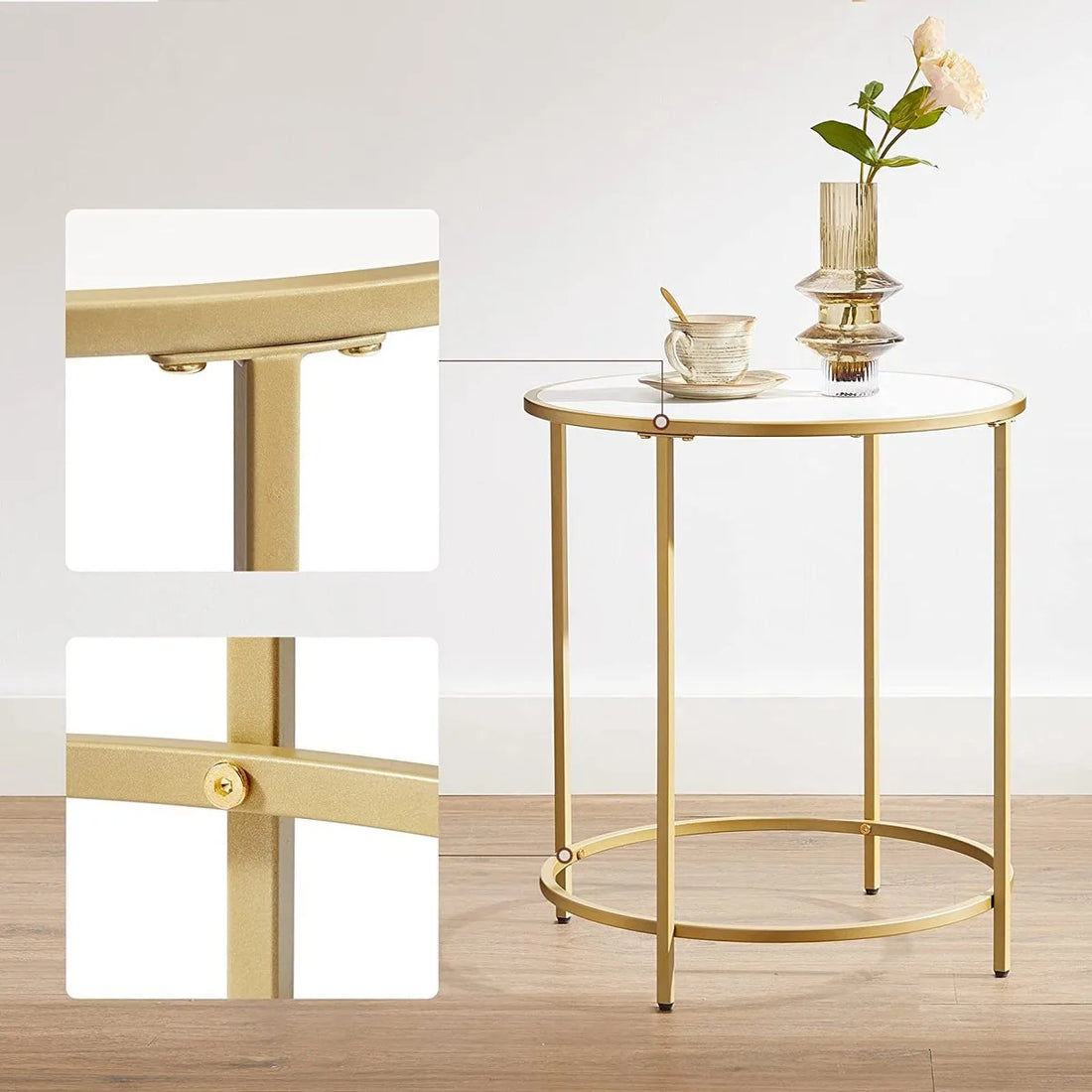 A.T. Shop Ronde Salontafel Nachtkastje met houten spaanplaat en goud metalen frame Eenvoudige montage voor slaapkamer woonkamer modern wit goud