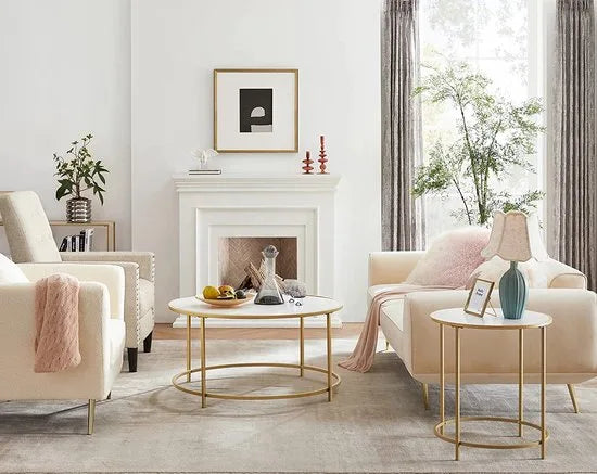 A.T. Shop Ronde Salontafel Nachtkastje met houten spaanplaat en goud metalen frame Eenvoudige montage voor slaapkamer woonkamer modern wit goud