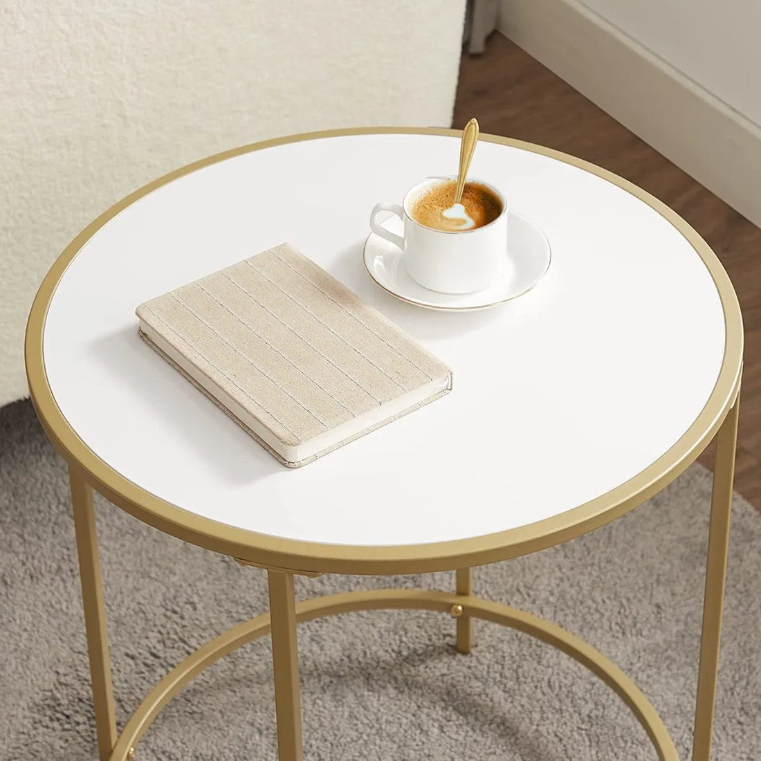 A.T. Shop Ronde Salontafel Nachtkastje met houten spaanplaat en goud metalen frame Eenvoudige montage voor slaapkamer woonkamer modern wit goud
