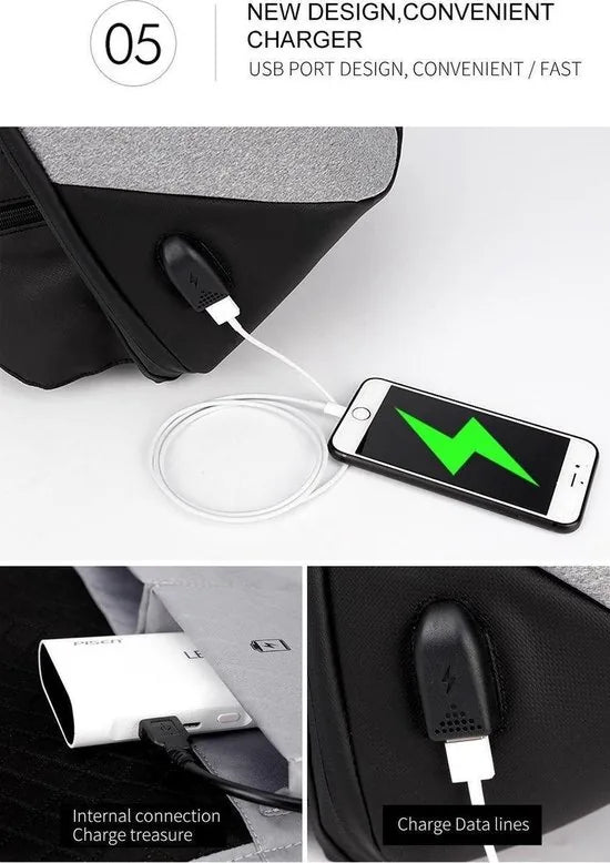 Arctic Hunter Rugzak voor laptop tot 16 inch met USB poort voor aansluiten van powerbank - Met code slot - zwart/grijs - Met veel extra opties