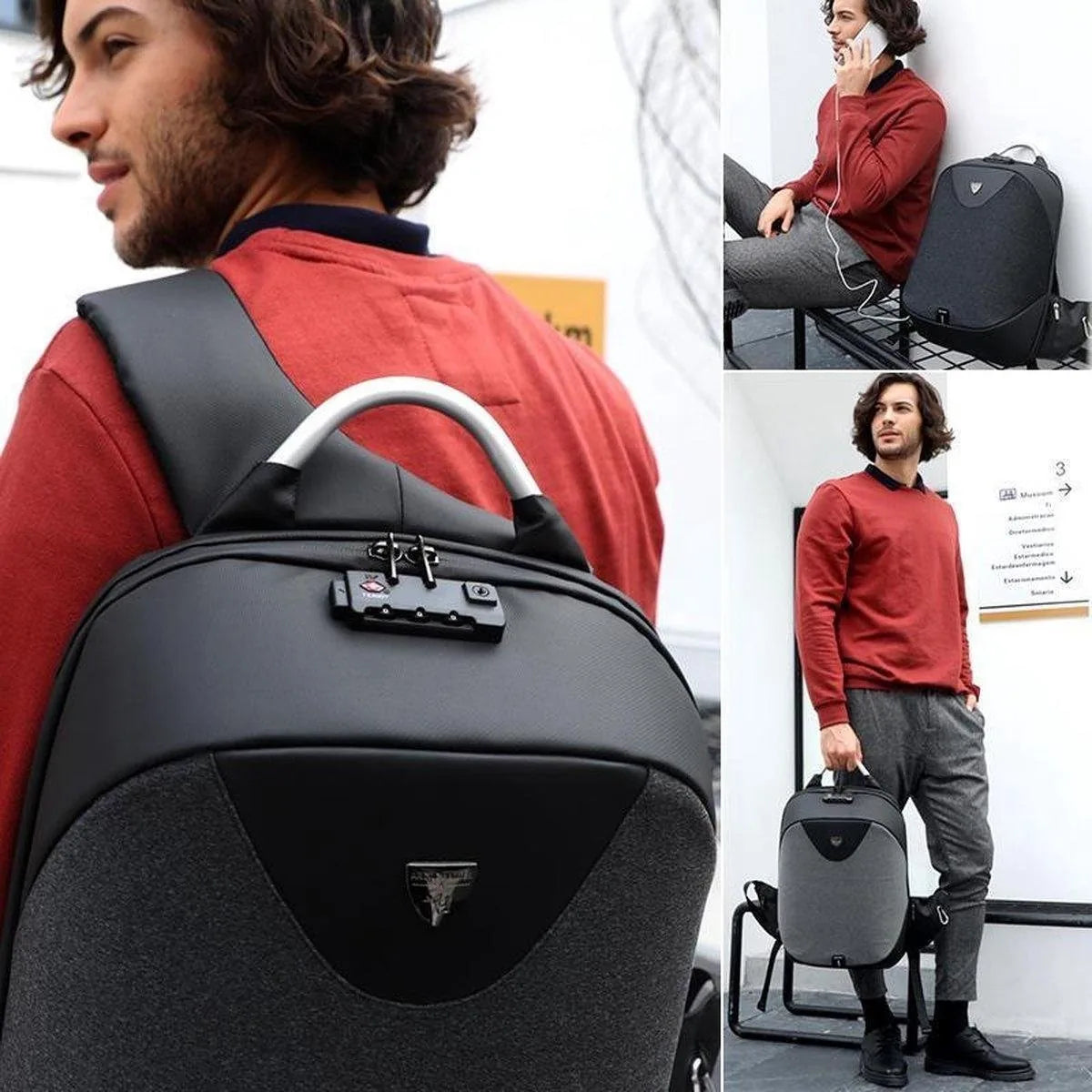 Arctic Hunter Rugzak voor laptop tot 16 inch met USB poort voor aansluiten van powerbank - Met code slot - zwart/grijs - Met veel extra opties