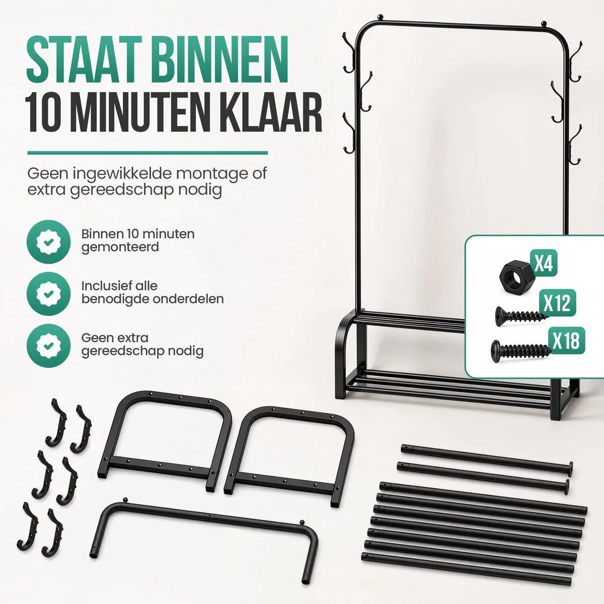 Avalo Industrieel Kledingrek - Garderoberek / Kledingrek met Schoenenrek en Haken - Zwart Metaal 110x33x150 cm - Dressboy