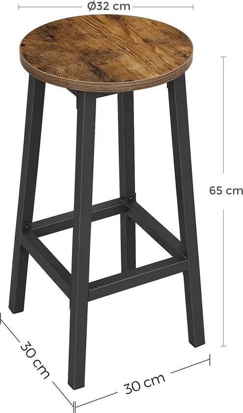 AZURU -Barkruk - set van 2 barstoelen - Keukenstoelen met stevig stalen frame - Hoogte 65 cm - Eenvoudig te monteren - Industriële stijl - Hout - Metaal - Vintage Bruin - Zwart