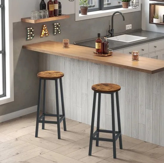 AZURU -Barkruk - set van 2 barstoelen - Keukenstoelen met stevig stalen frame - Hoogte 65 cm - Eenvoudig te monteren - Industriële stijl - Hout - Metaal - Vintage Bruin - Zwart