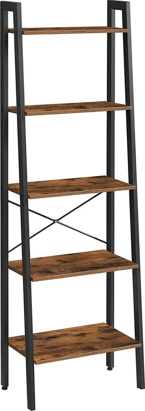 AZURU Boekenkast met 5 planken - Ladderkast - Hout - Metaal - Bruin - Zwart