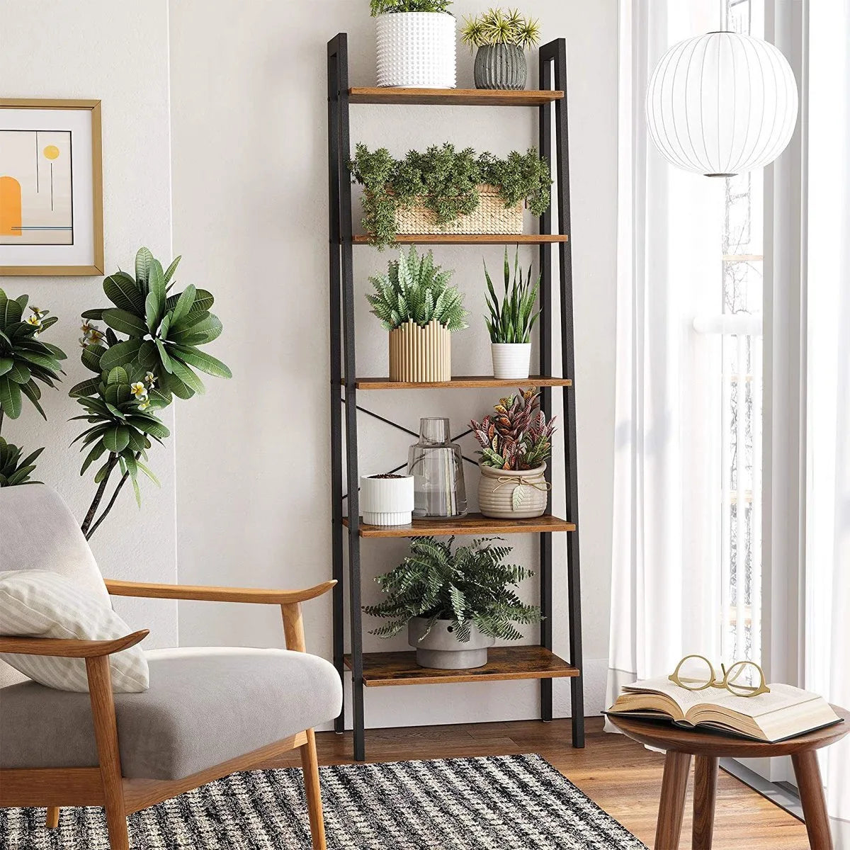 AZURU Boekenkast met 5 planken - Ladderkast - Hout - Metaal - Bruin - Zwart