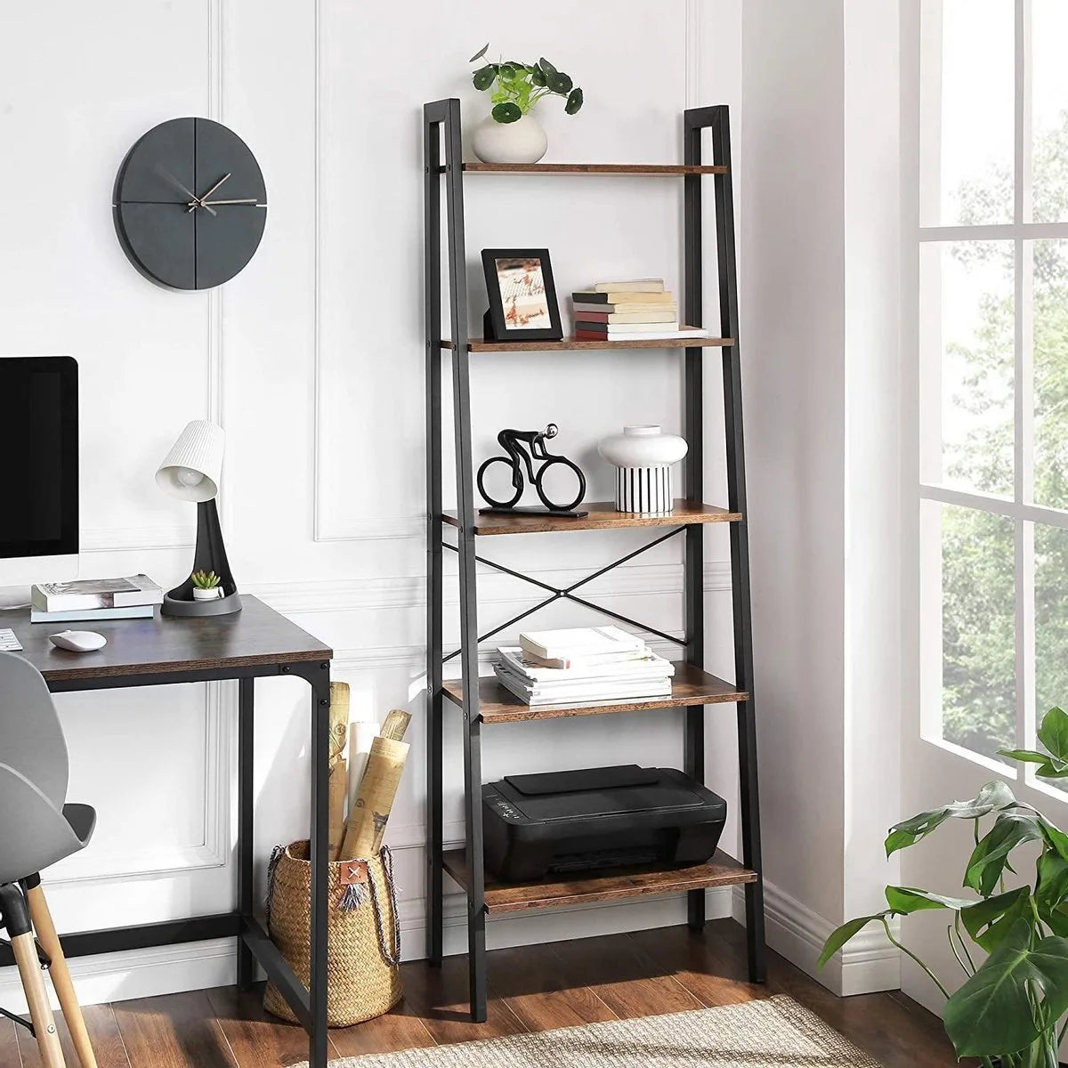 AZURU Boekenkast met 5 planken - Ladderkast - Hout - Metaal - Bruin - Zwart