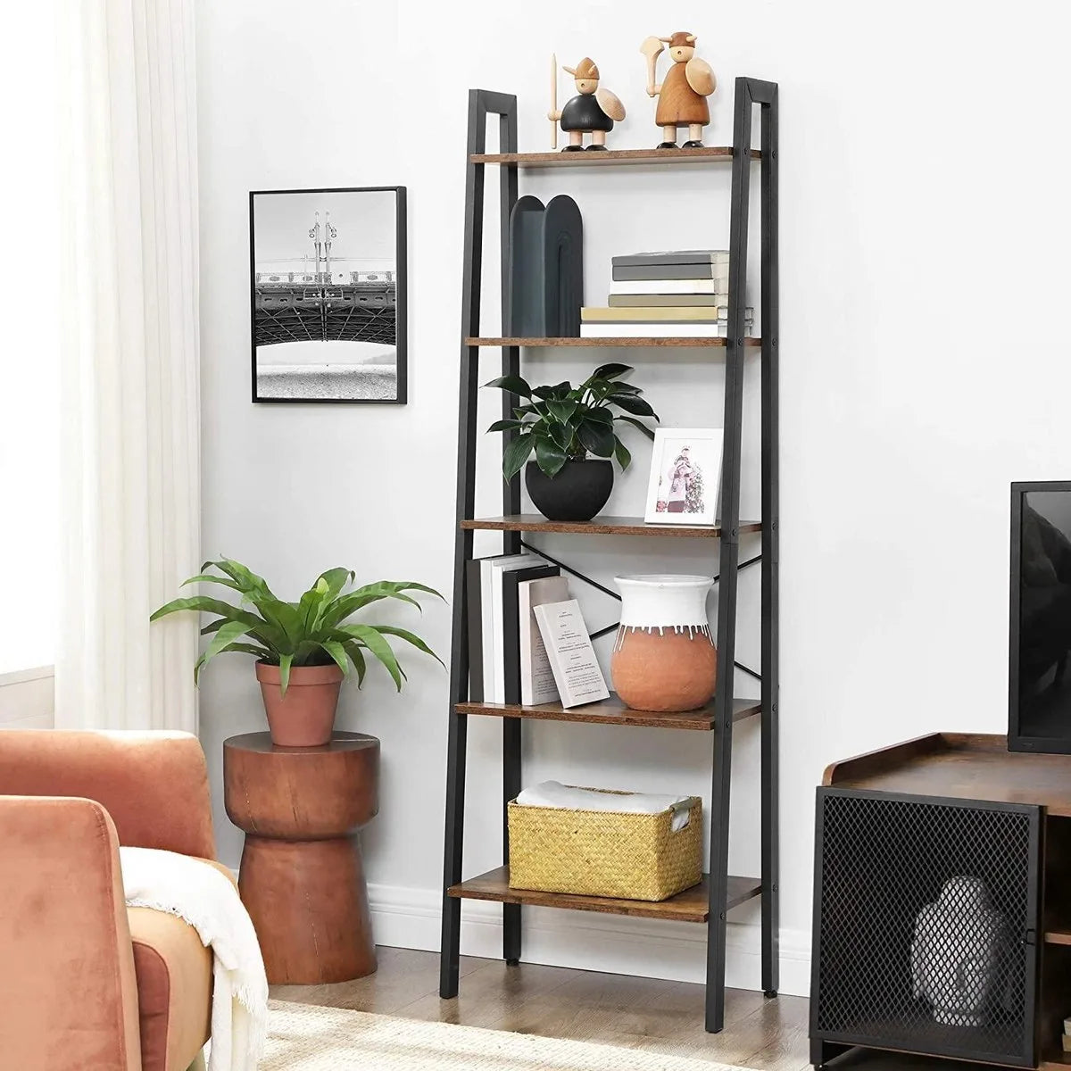 AZURU Boekenkast met 5 planken - Ladderkast - Hout - Metaal - Bruin - Zwart