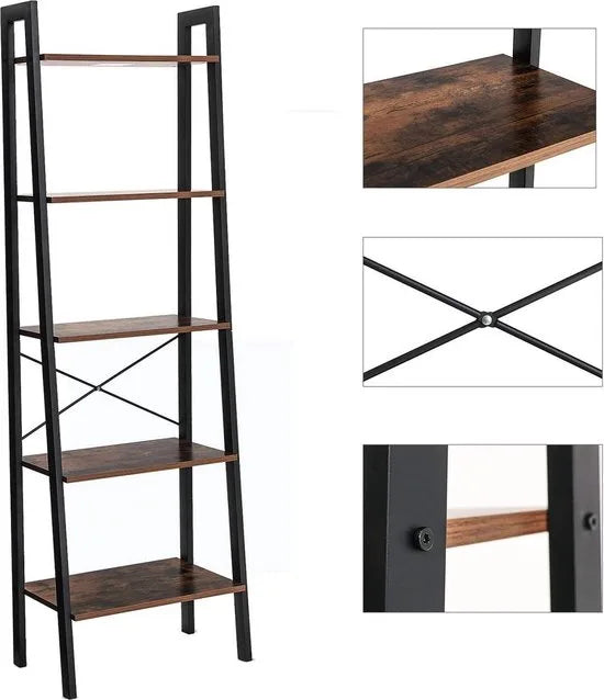 AZURU Boekenkast met 5 planken - Ladderkast - Hout - Metaal - Bruin - Zwart