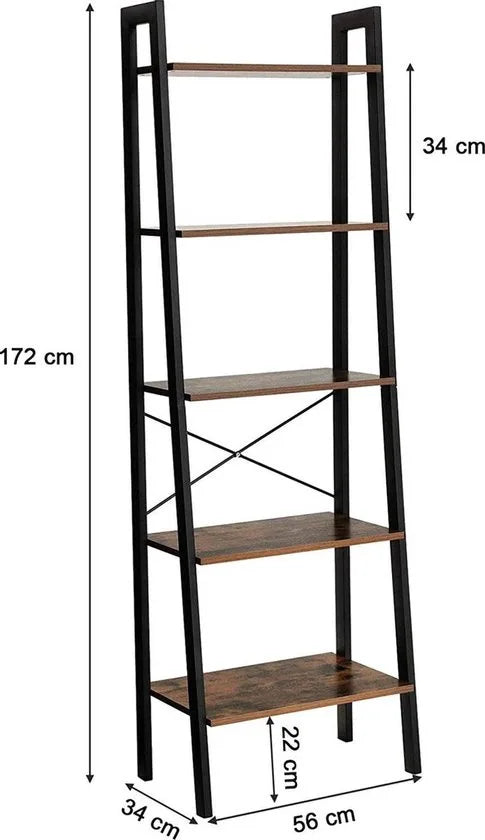 AZURU Boekenkast met 5 planken - Ladderkast - Hout - Metaal - Bruin - Zwart