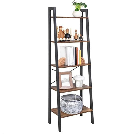 AZURU Boekenkast met 5 planken - Ladderkast - Hout - Metaal - Bruin - Zwart