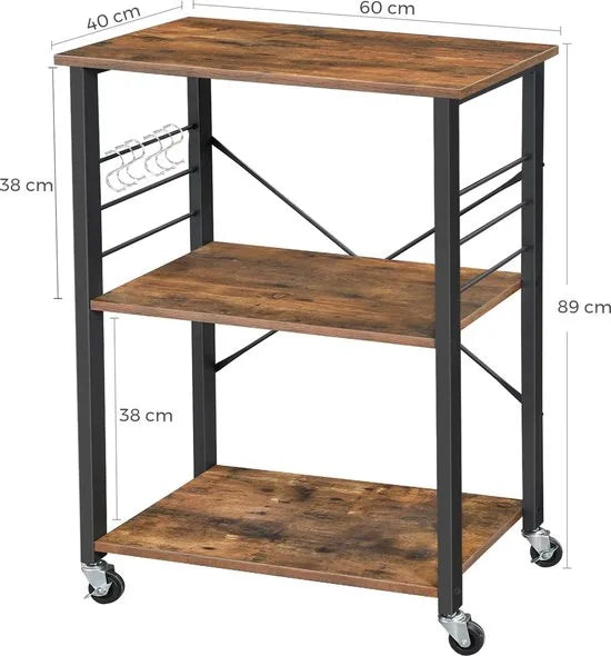 AZURU Industriële keukentrolley op Wieltjes – Bijzettafel Metaal met Hout – Tafel - Zwart