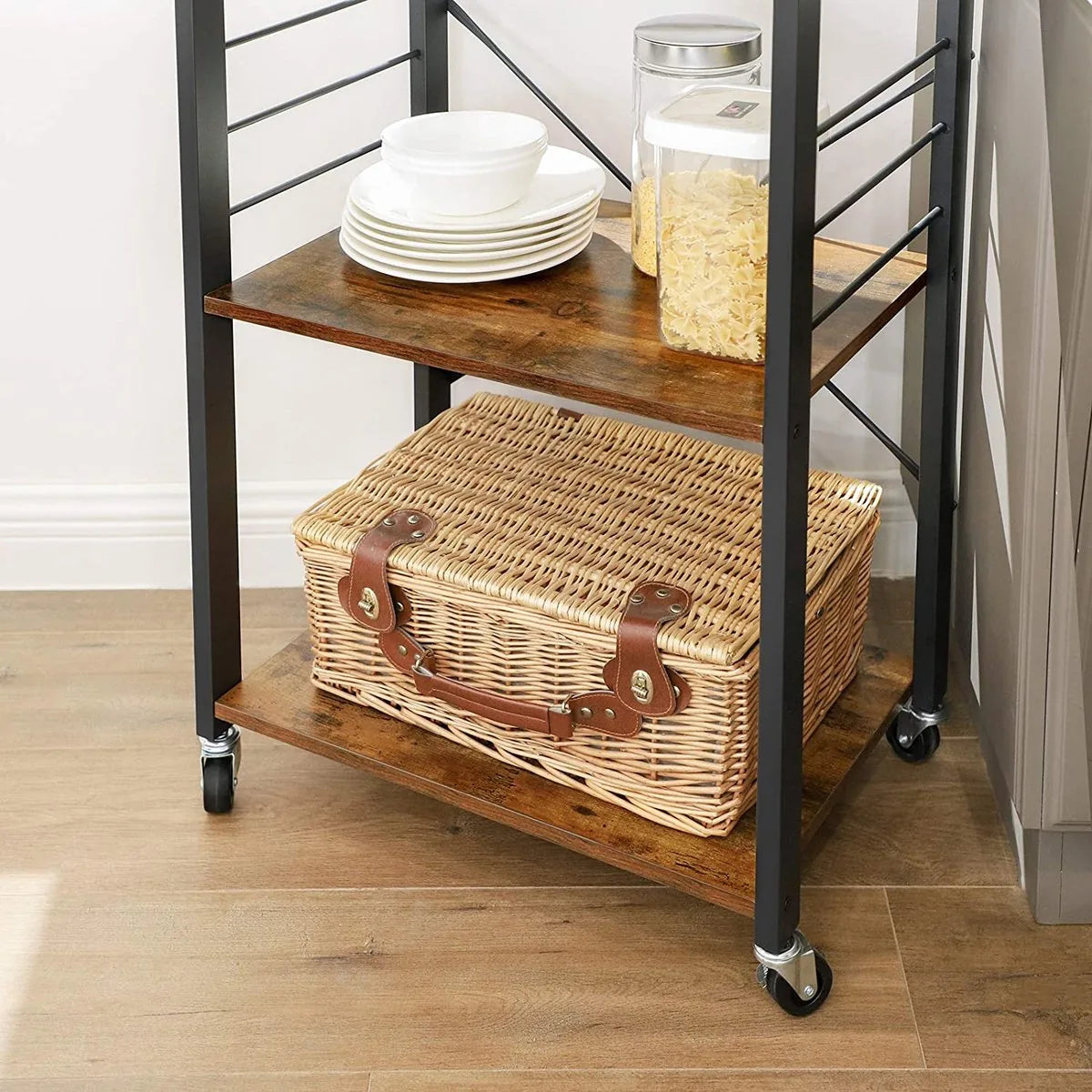 AZURU Industriële keukentrolley op Wieltjes – Bijzettafel Metaal met Hout – Tafel - Zwart