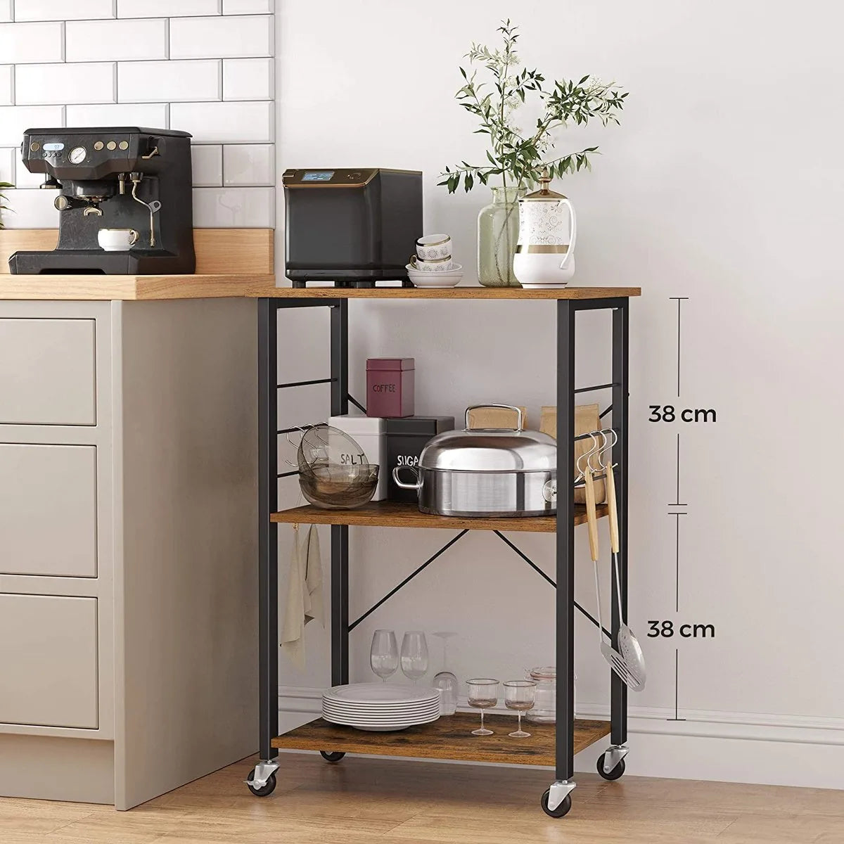 AZURU Industriële keukentrolley op Wieltjes – Bijzettafel Metaal met Hout – Tafel - Zwart