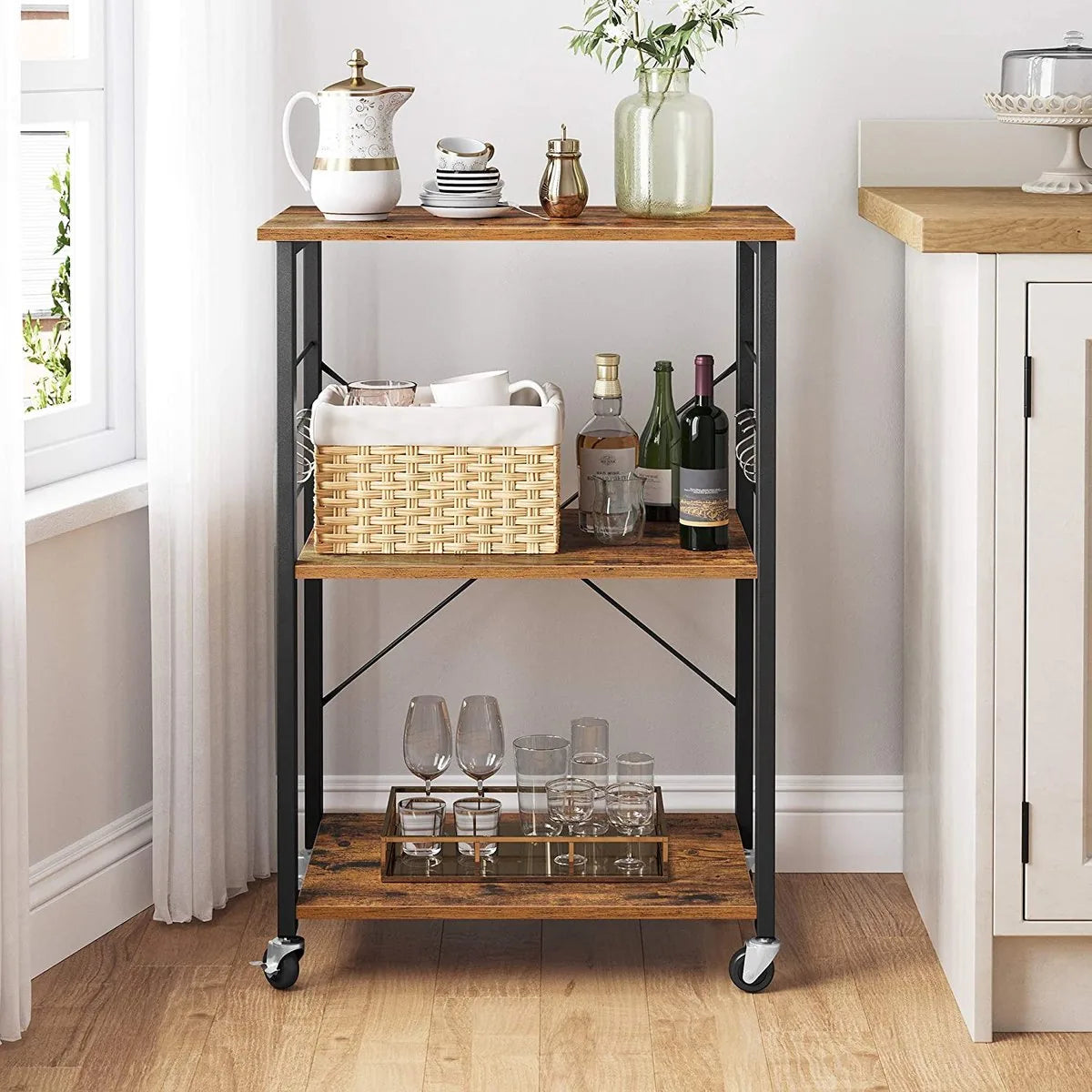 AZURU Industriële keukentrolley op Wieltjes – Bijzettafel Metaal met Hout – Tafel - Zwart