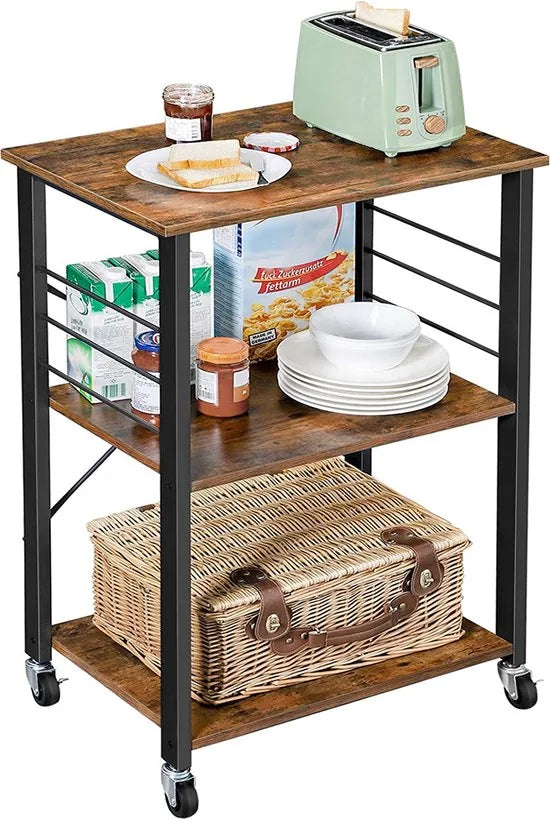 AZURU Industriële keukentrolley op Wieltjes – Bijzettafel Metaal met Hout – Tafel - Zwart
