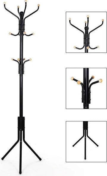 AZURU Kapstok - Staande Metalen Kapstok - 12 Kapstokhaken - Optimale Stabiliteit - 182 cm - Zwart