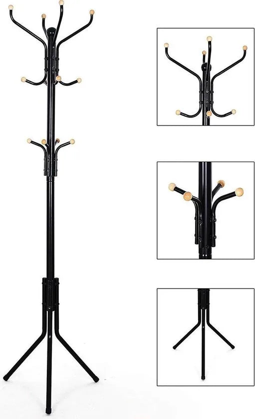 AZURU Kapstok - Staande Metalen Kapstok - 12 Kapstokhaken - Optimale Stabiliteit - 182 cm - Zwart