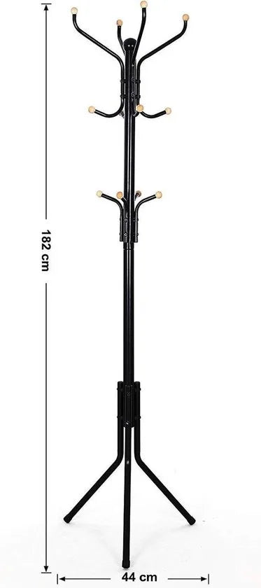 AZURU Kapstok - Staande Metalen Kapstok - 12 Kapstokhaken - Optimale Stabiliteit - 182 cm - Zwart
