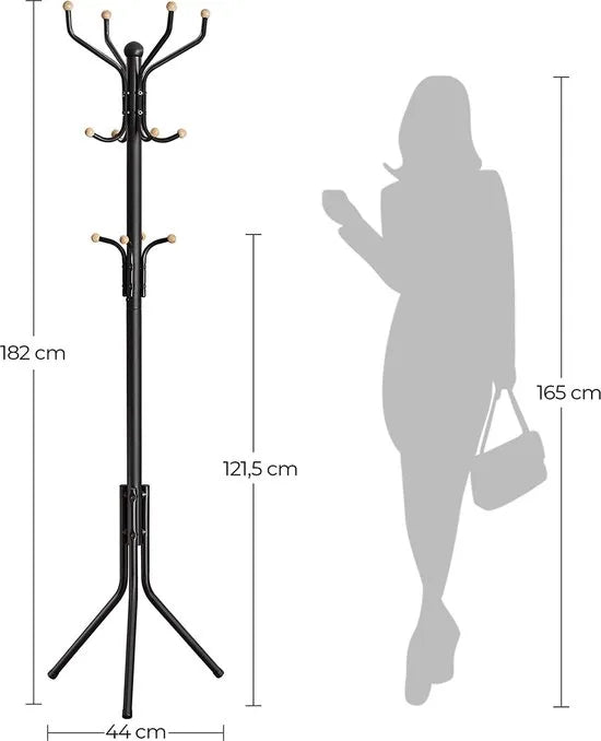 AZURU Kapstok - Staande Metalen Kapstok - 12 Kapstokhaken - Optimale Stabiliteit - 182 cm - Zwart