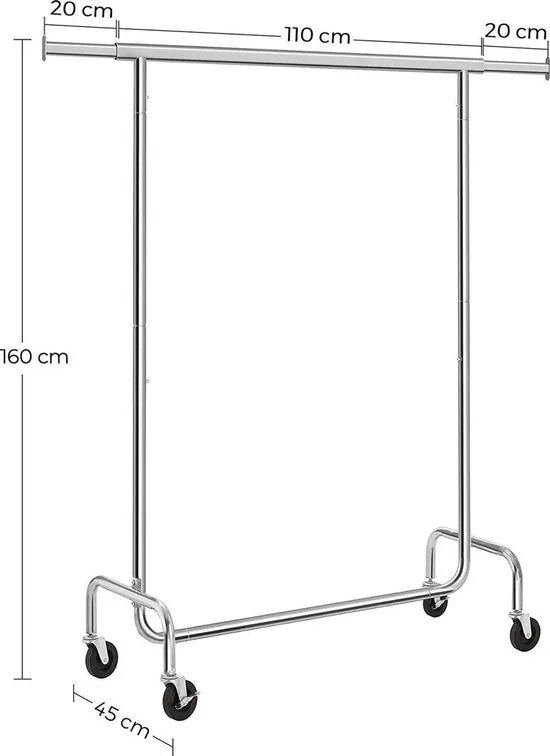 AZURU Kledingrek op wieltjes - Metaal - Zilver - 160 x 110 x 45 cm