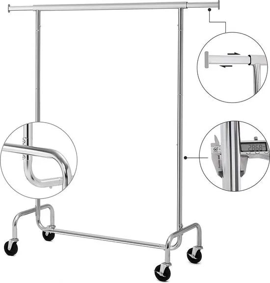 AZURU Kledingrek op wieltjes - Metaal - Zilver - 160 x 110 x 45 cm