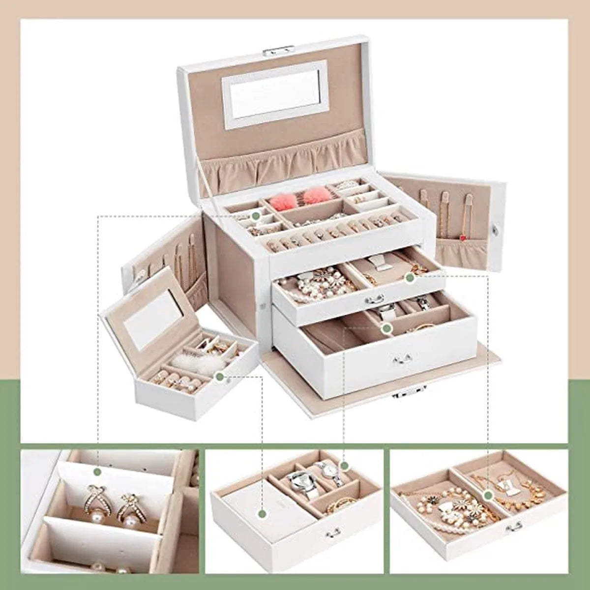 AZURU - Luxe Sieradendoos met Spiegel - 3 Lagen - 20 compartimenten - Met Slot - Wit