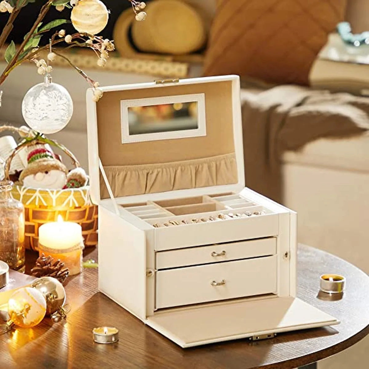 AZURU - Luxe Sieradendoos met Spiegel - 3 Lagen - 20 compartimenten - Met Slot - Wit