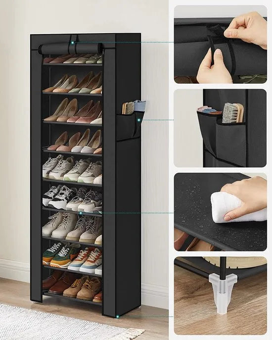 AZURU Schoenenrek – Schoenenkast voor 27 Paar Schoenen – 10 Planken - 160 x 58 x 28 cm – Metaal - Zwart