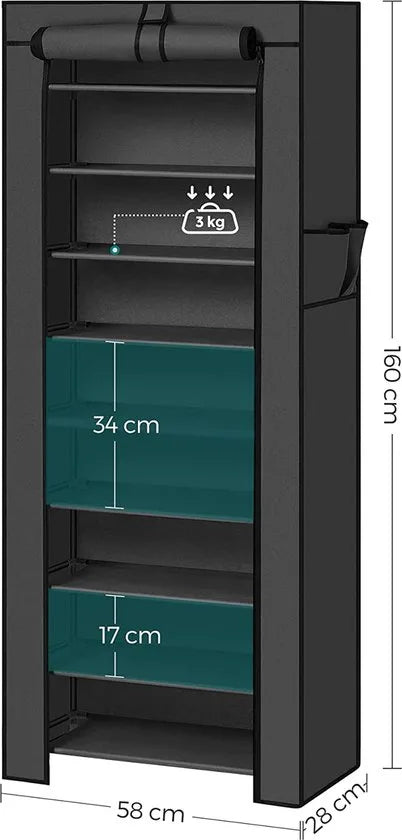 AZURU Schoenenrek – Schoenenkast voor 27 Paar Schoenen – 10 Planken - 160 x 58 x 28 cm – Metaal - Zwart