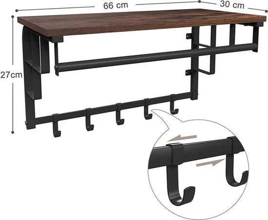 AZURU - Wandkapstok met 5 haken - Metaal - Hout - Zwart - Bruin
